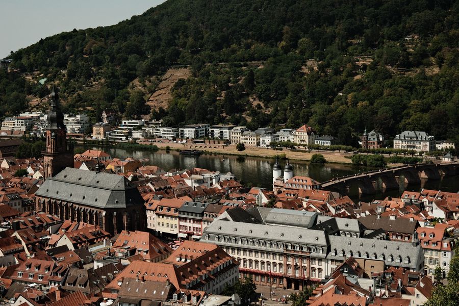 Blick über die Dächer der Heidelberger Altstadt zum Neckar, dahinter die bewaldeten Hänge
